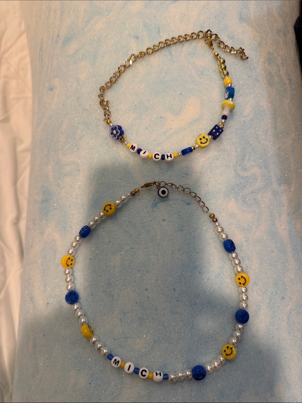 Univ. of Michigan Blue & Yellow Beaded Smiley Necklace Set